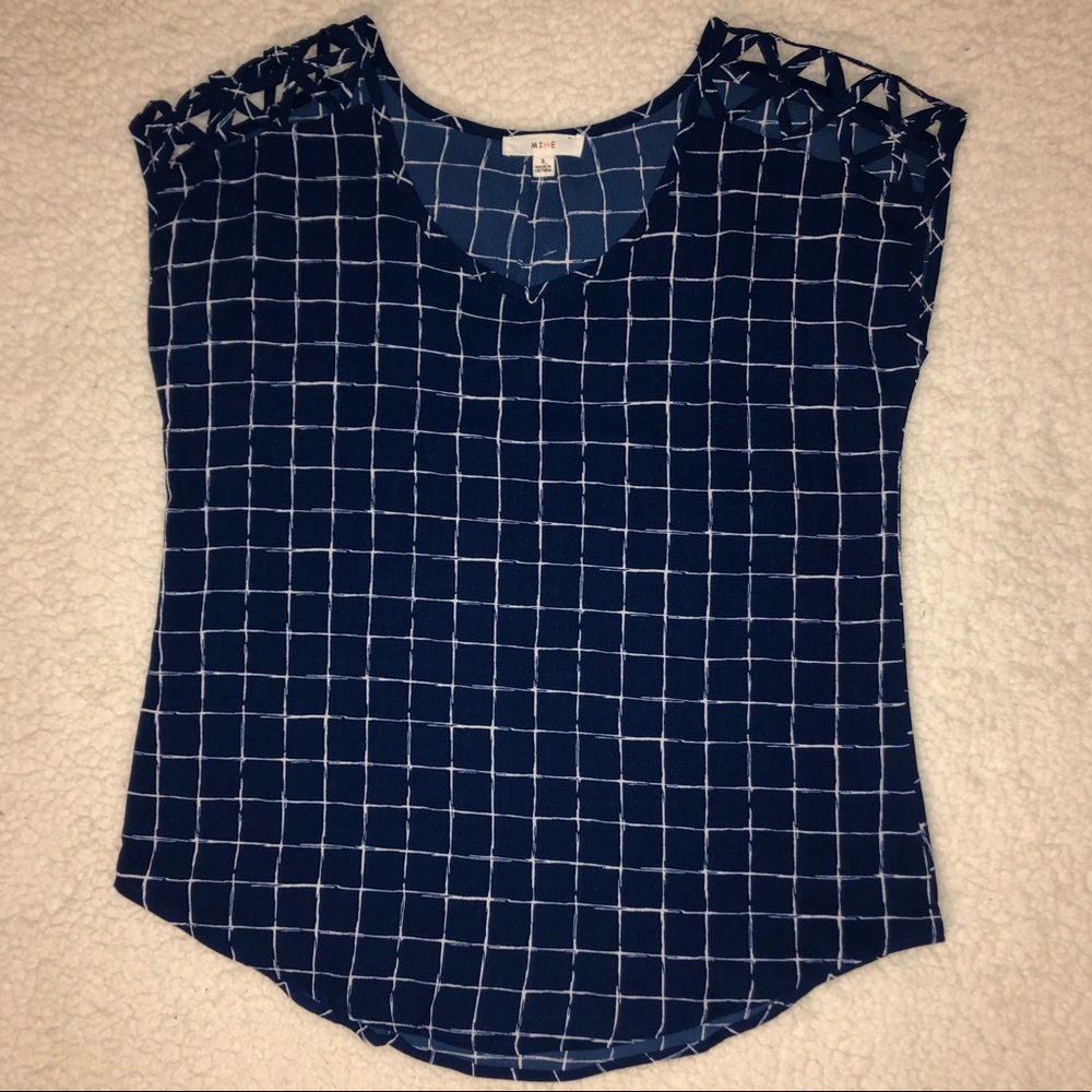 XS blue and white plaid printed blouse